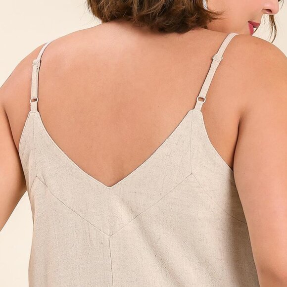 Cute Linen Blend V-Neck Tank Top w Ruffle Hem & Adjustable Spaghetti Straps - Picture 7 of 13